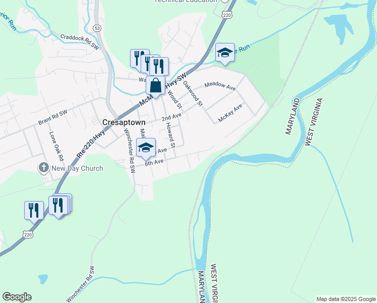 map of restaurants, bars, coffee shops, grocery stores, and more near 13001 6th Avenue in Cresaptown