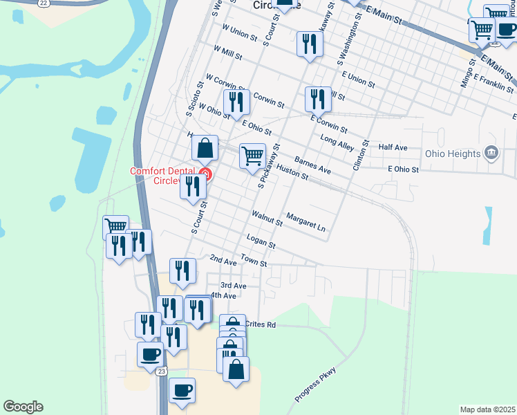 map of restaurants, bars, coffee shops, grocery stores, and more near 966 South Pickaway Street in Circleville