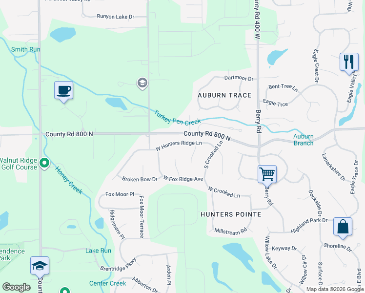 map of restaurants, bars, coffee shops, grocery stores, and more near 4311 West Hunters Ridge Lane in Greenwood