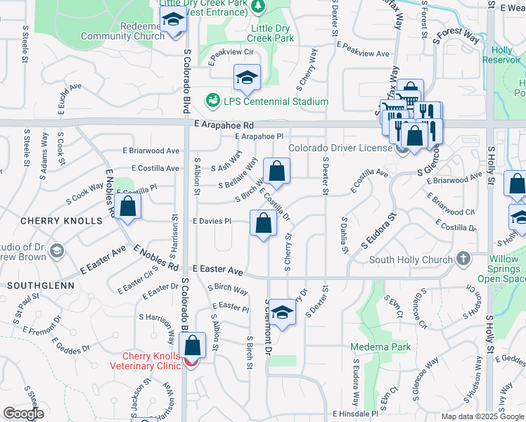 map of restaurants, bars, coffee shops, grocery stores, and more near 6820 South Clermont Street in Centennial