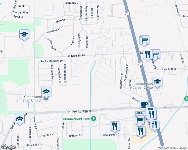 map of restaurants, bars, coffee shops, grocery stores, and more near 225 Pebble Creek Drive in Greenwood