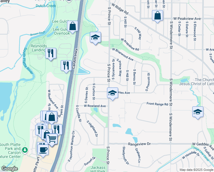 map of restaurants, bars, coffee shops, grocery stores, and more near 2406 West Davies Avenue in Littleton