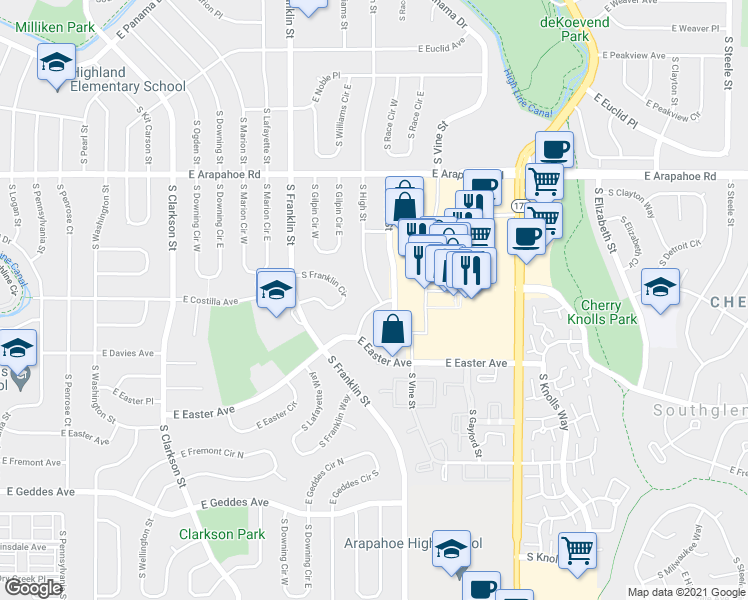 map of restaurants, bars, coffee shops, grocery stores, and more near 6933 South High Street in Centennial