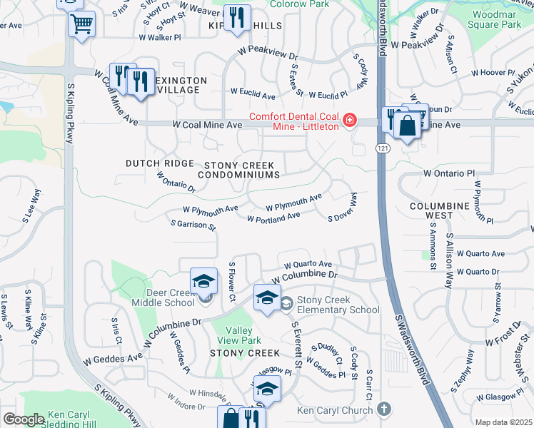 map of restaurants, bars, coffee shops, grocery stores, and more near 9128 West Plymouth Avenue in Littleton
