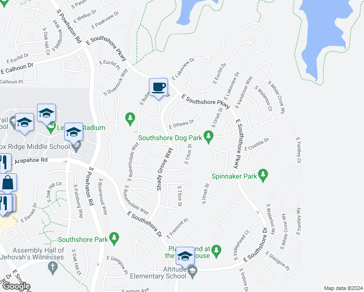 map of restaurants, bars, coffee shops, grocery stores, and more near 6914 South Shady Grove Court in Aurora