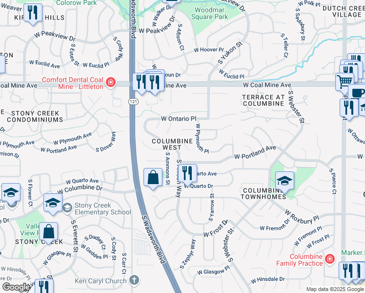 map of restaurants, bars, coffee shops, grocery stores, and more near 7944 West Plymouth Place in Littleton