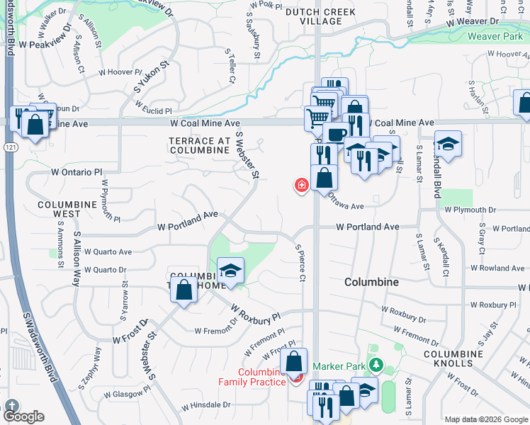 map of restaurants, bars, coffee shops, grocery stores, and more near 6897 South Saulsbury Street in Littleton