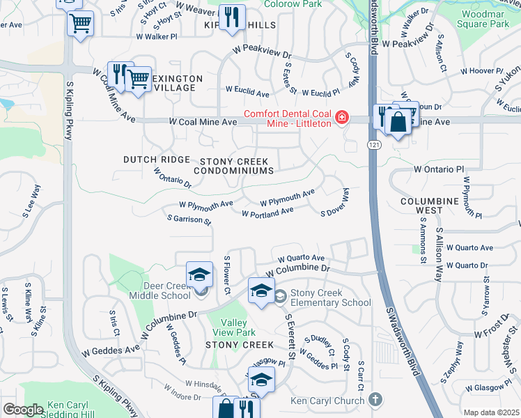 map of restaurants, bars, coffee shops, grocery stores, and more near 9128 West Plymouth Avenue in Littleton
