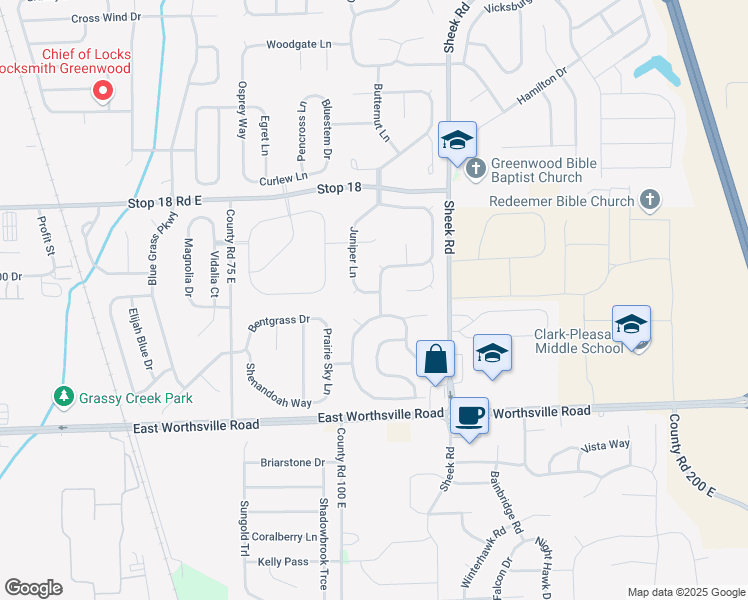 map of restaurants, bars, coffee shops, grocery stores, and more near 1850 Juniper Lane in Greenwood