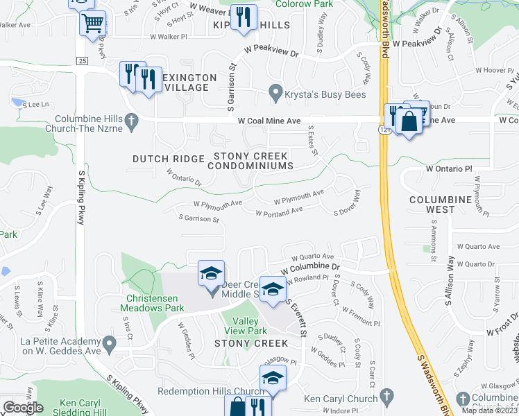 map of restaurants, bars, coffee shops, grocery stores, and more near 9128 West Plymouth Avenue in Littleton