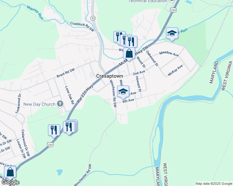 map of restaurants, bars, coffee shops, grocery stores, and more near 14910 Winchester Road Southwest in Cresaptown