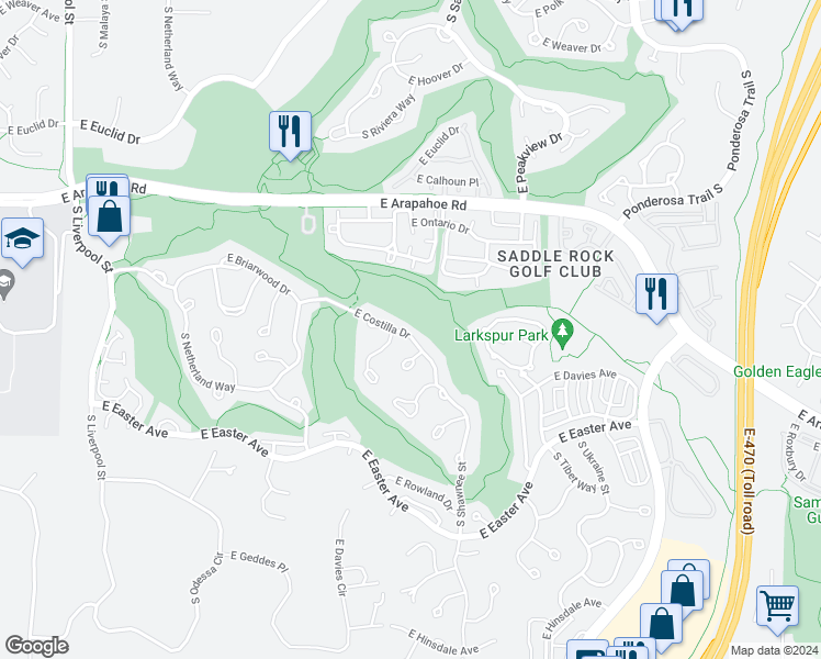 map of restaurants, bars, coffee shops, grocery stores, and more near 22007 E Costilla Dr in Aurora