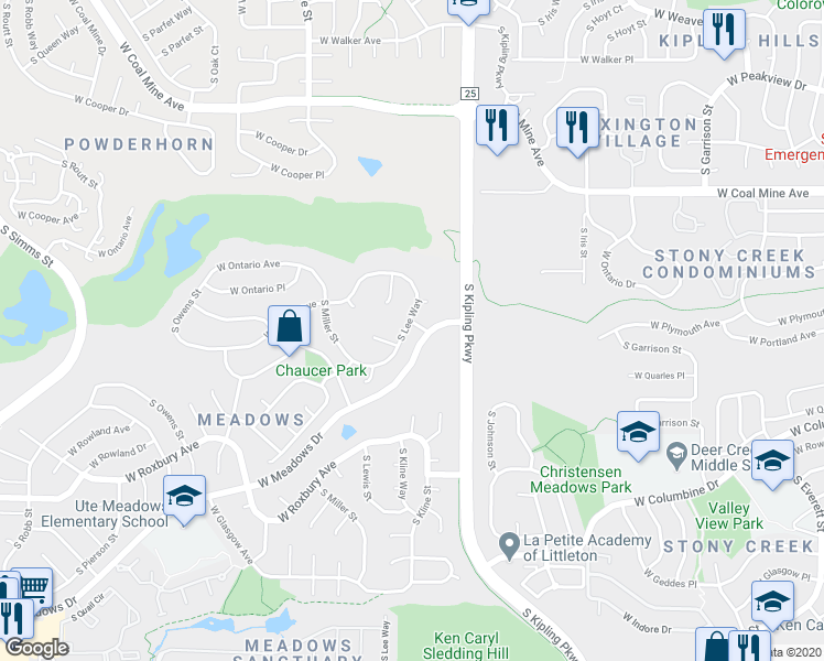 map of restaurants, bars, coffee shops, grocery stores, and more near 6944 South Lee Way in Littleton