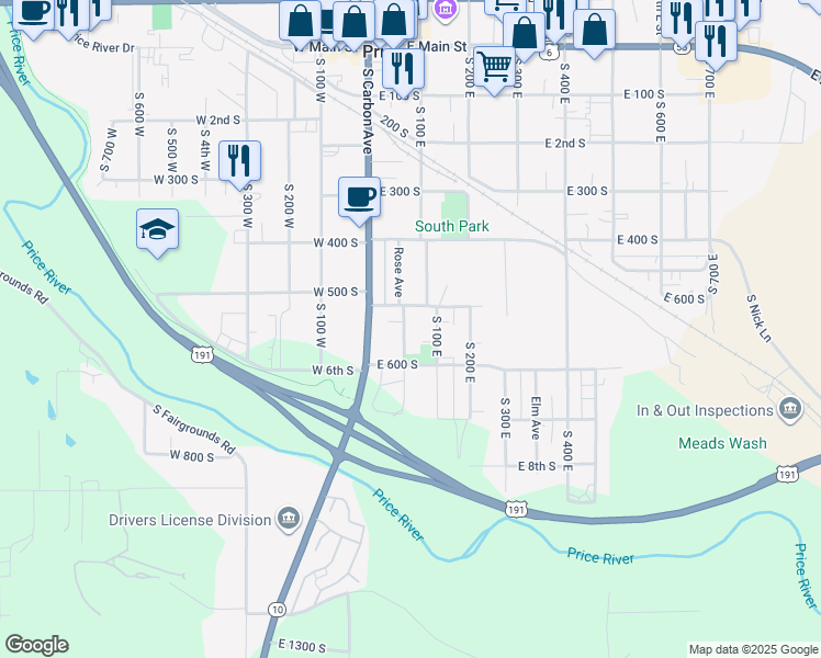 map of restaurants, bars, coffee shops, grocery stores, and more near 525 Rose Avenue in Price