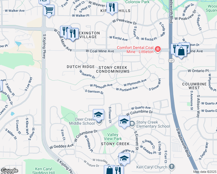 map of restaurants, bars, coffee shops, grocery stores, and more near 9198 West Plymouth Avenue in Littleton