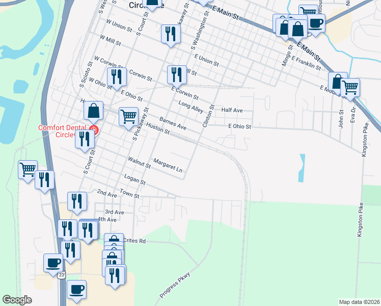 map of restaurants, bars, coffee shops, grocery stores, and more near 819 Clinton Street in Circleville