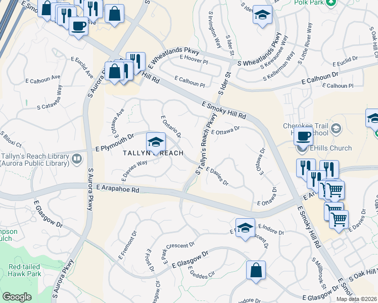 map of restaurants, bars, coffee shops, grocery stores, and more near 6891 South Haleyville Court in Aurora
