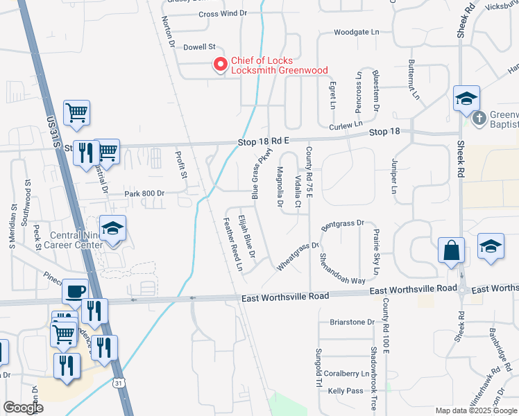 map of restaurants, bars, coffee shops, grocery stores, and more near 1709 Blue Grass Parkway in Greenwood