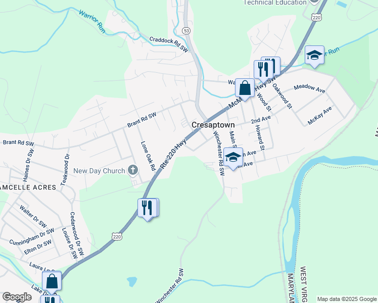 map of restaurants, bars, coffee shops, grocery stores, and more near 14919 Grant Street in Cresaptown