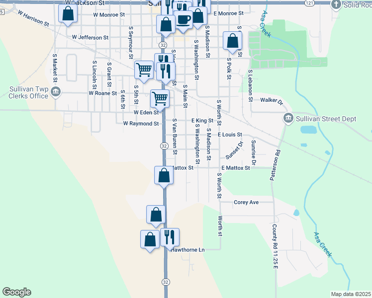 map of restaurants, bars, coffee shops, grocery stores, and more near 13 West George Street in Sullivan