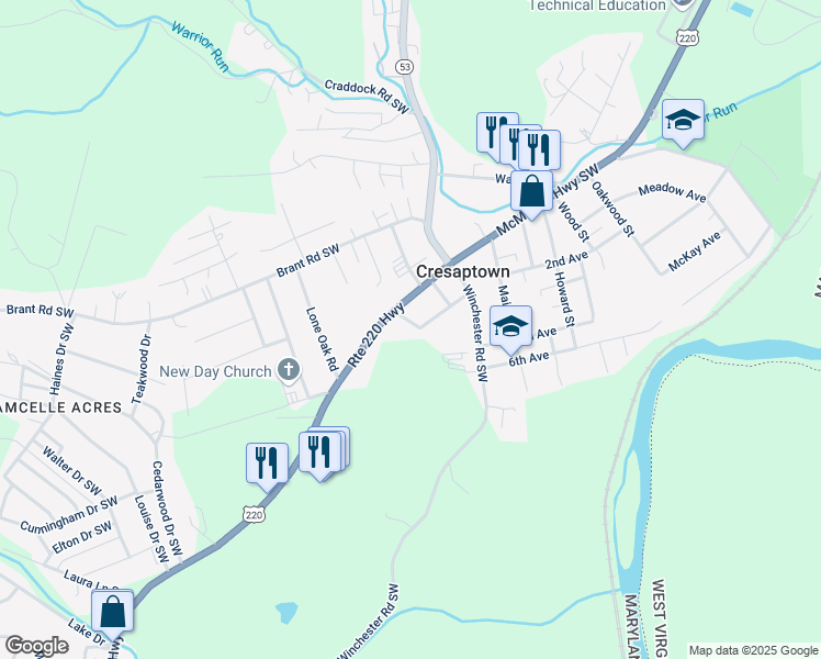 map of restaurants, bars, coffee shops, grocery stores, and more near 14919 Grant Street in Cresaptown