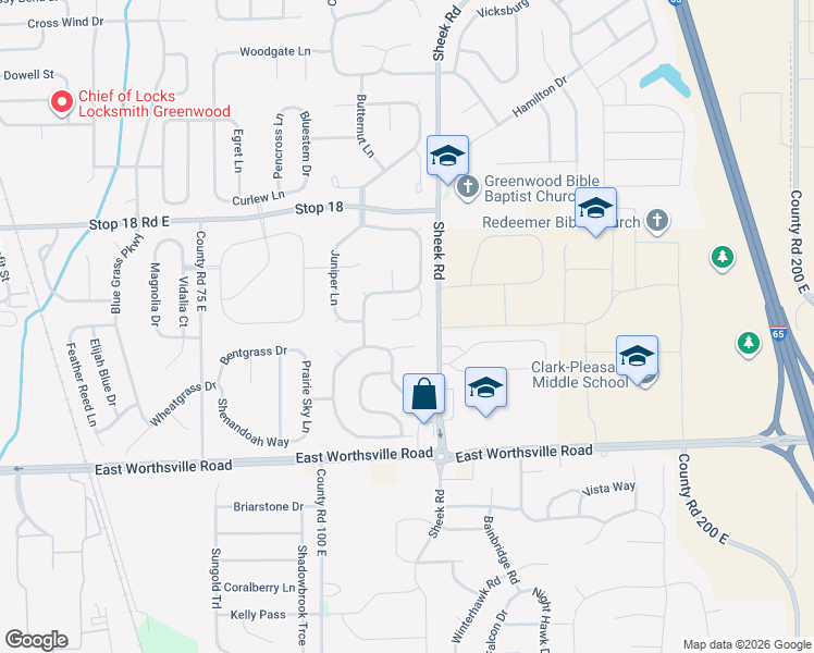 map of restaurants, bars, coffee shops, grocery stores, and more near 1775 Buckeye Court in Greenwood
