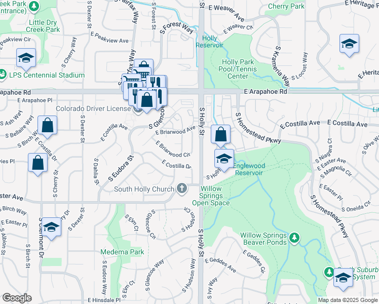 map of restaurants, bars, coffee shops, grocery stores, and more near 5498 East Briarwood Circle in Centennial