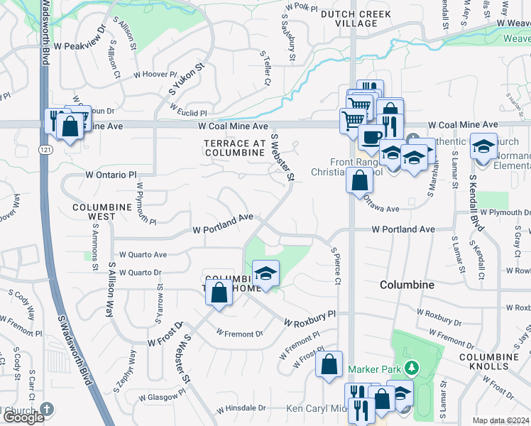 map of restaurants, bars, coffee shops, grocery stores, and more near 6945 South Webster Street in Littleton