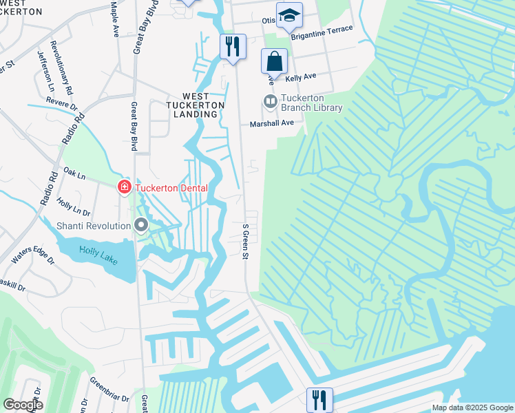 map of restaurants, bars, coffee shops, grocery stores, and more near 465 South Green Street in Tuckerton