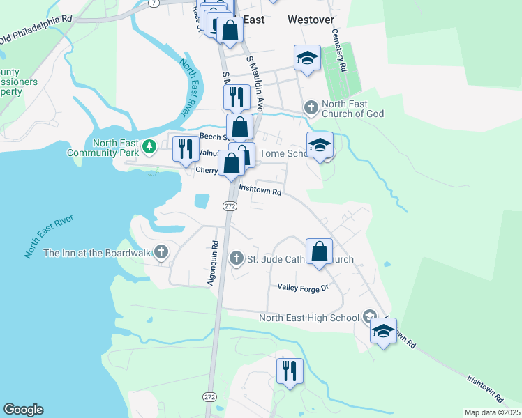 map of restaurants, bars, coffee shops, grocery stores, and more near 14 Bertram Court in North East