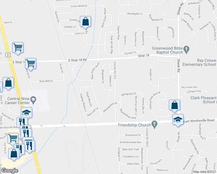 map of restaurants, bars, coffee shops, grocery stores, and more near 1728 Vidalia Court in Greenwood