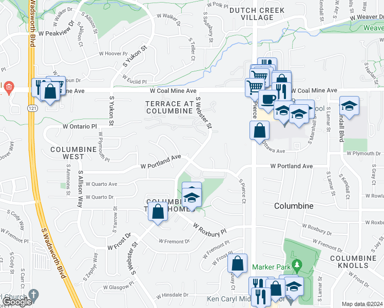 map of restaurants, bars, coffee shops, grocery stores, and more near 6945 South Webster Street in Littleton