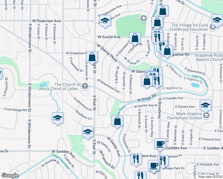 map of restaurants, bars, coffee shops, grocery stores, and more near 628 West Briarwood Avenue in Littleton