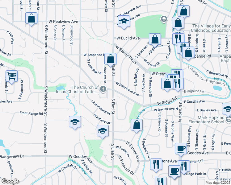 map of restaurants, bars, coffee shops, grocery stores, and more near 7299 South Sundown Circle in Littleton