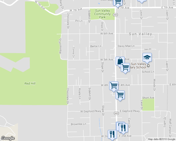 map of restaurants, bars, coffee shops, grocery stores, and more near 5467 Sidehill Drive in Sun Valley