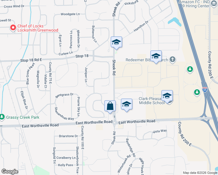 map of restaurants, bars, coffee shops, grocery stores, and more near 1759 Buckeye Court in Greenwood