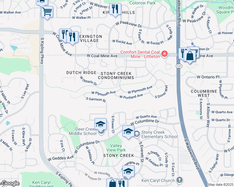 map of restaurants, bars, coffee shops, grocery stores, and more near 9198 West Plymouth Avenue in Littleton