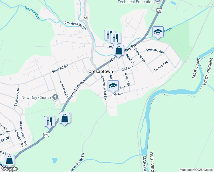 map of restaurants, bars, coffee shops, grocery stores, and more near 14910 Winchester Road Southwest in Cresaptown