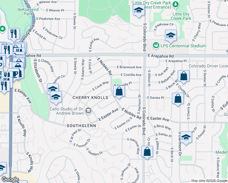 map of restaurants, bars, coffee shops, grocery stores, and more near 3669 East Nobles Road in Centennial