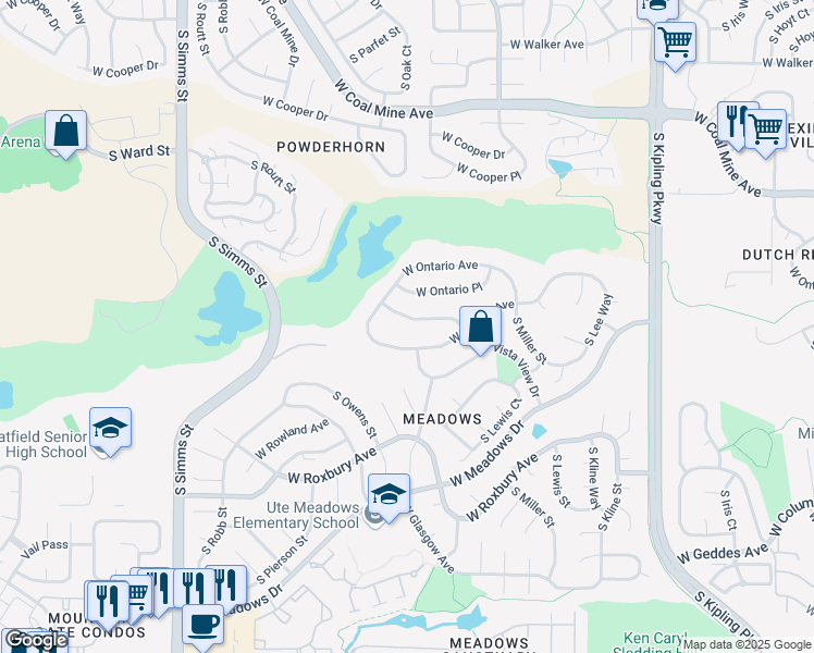 map of restaurants, bars, coffee shops, grocery stores, and more near 10818 West Vista View Drive in Littleton