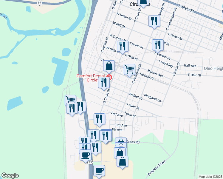 map of restaurants, bars, coffee shops, grocery stores, and more near 1010 South Court Street in Circleville