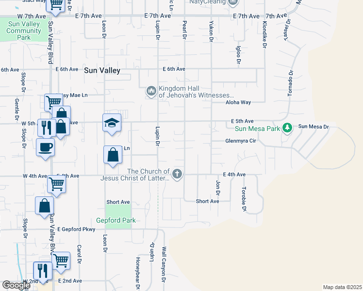 map of restaurants, bars, coffee shops, grocery stores, and more near 5451 Pearl Drive in Sun Valley