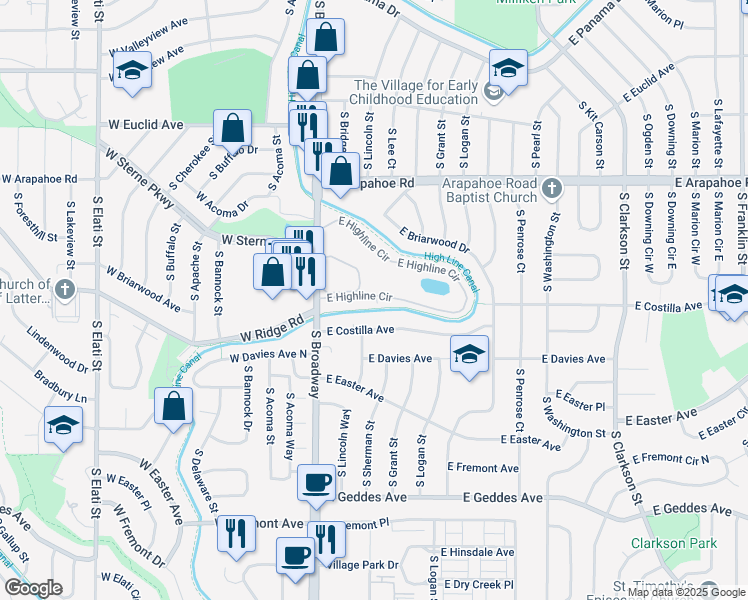 map of restaurants, bars, coffee shops, grocery stores, and more near 130 East Highline Circle in Littleton