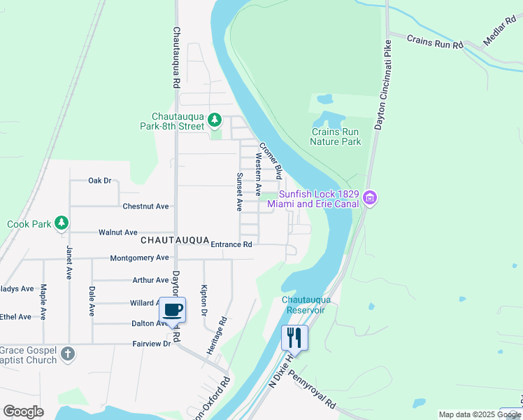 map of restaurants, bars, coffee shops, grocery stores, and more near 6077 1st Avenue in Miamisburg