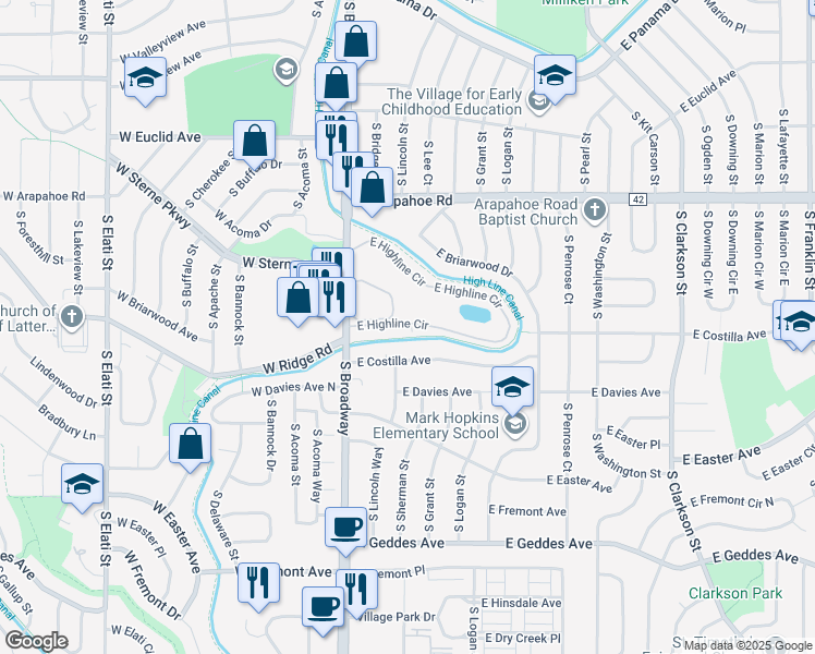 map of restaurants, bars, coffee shops, grocery stores, and more near 130 East Highline Circle in Littleton