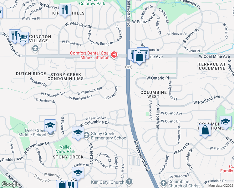 map of restaurants, bars, coffee shops, grocery stores, and more near 6928 South Dover Way in Littleton