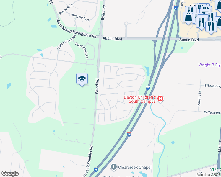 map of restaurants, bars, coffee shops, grocery stores, and more near 10410 Aldora Drive in Miamisburg