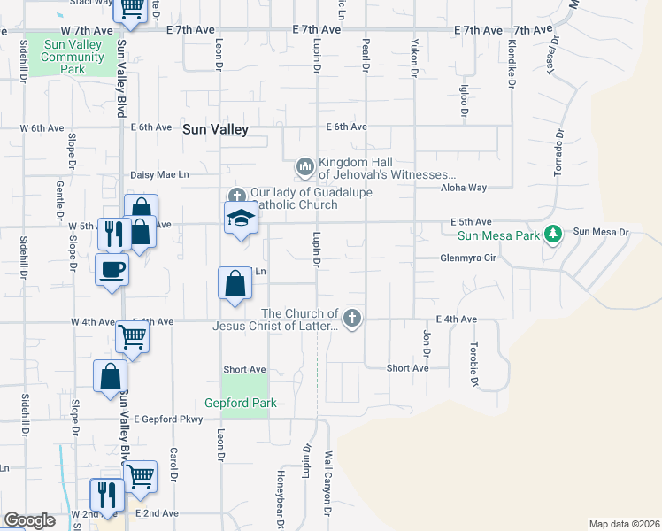 map of restaurants, bars, coffee shops, grocery stores, and more near 5464 Lupin Drive in Sun Valley
