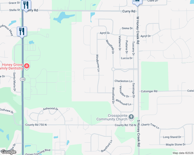map of restaurants, bars, coffee shops, grocery stores, and more near 1811 Windborne Lane in Greenwood