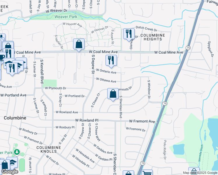 map of restaurants, bars, coffee shops, grocery stores, and more near 5415 West Plymouth Drive in Littleton